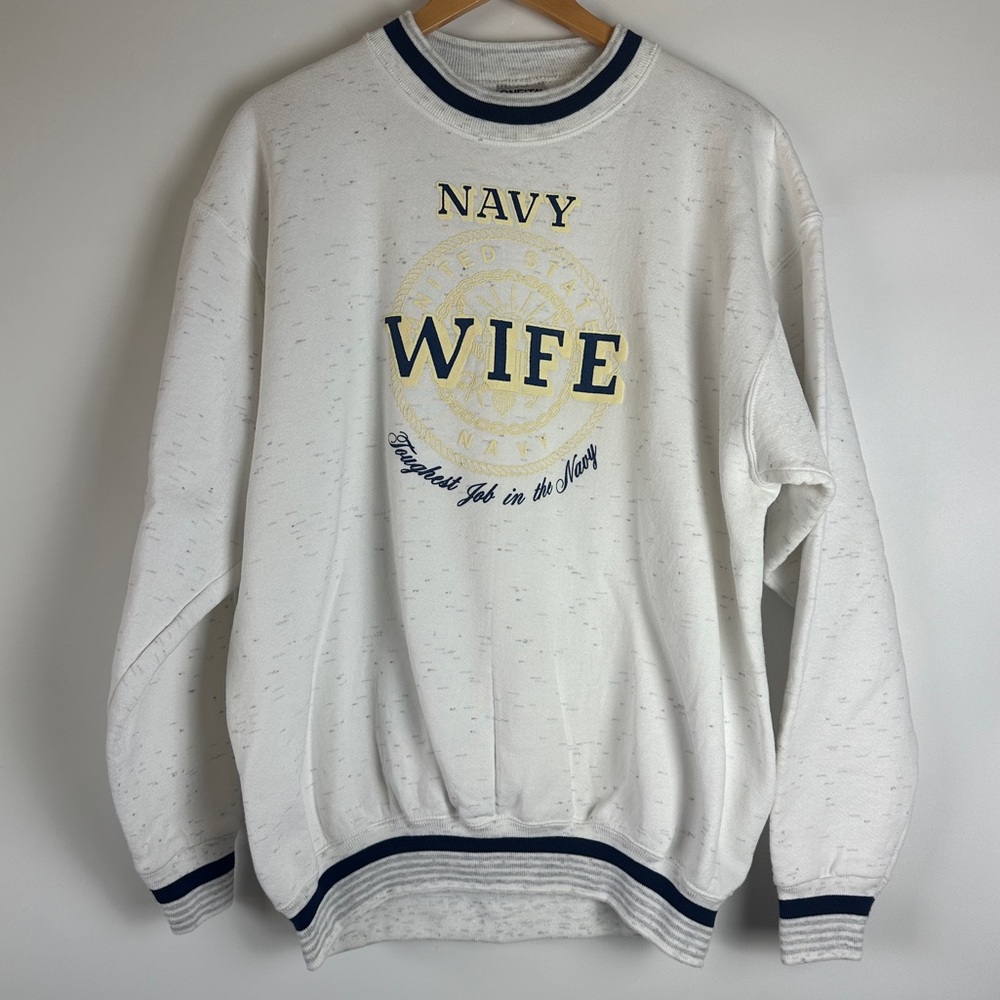 Navy Wife Made‎ in USA Crewneck Sweatshirt Retro Heather White Gray Navy Blue XL